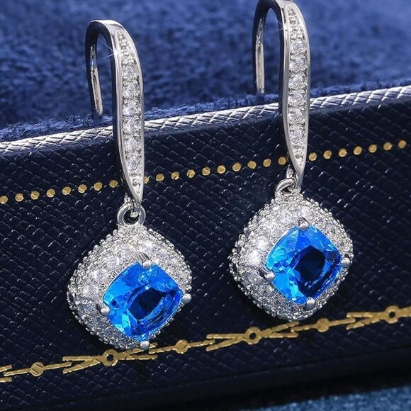4 Ct Blue Sapphire Baguette White Diamond Earrings 14K White Gold on 925 Silver - Picture 4 of 4